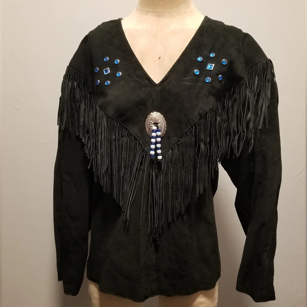 VINTAGE LEATHER JACKET PULLOVER WINDBREAKER SUEDE UNISEX FESTIVAL FRINGE HIPPIE - Picture 5 of 7